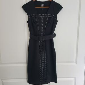 JAX Black Belted Cap Sleeve Dress with White Stitching Size 2